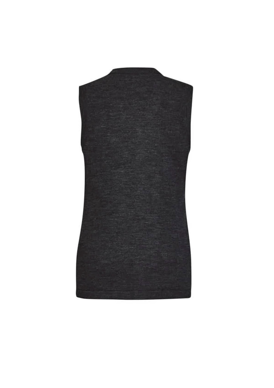 A black, sleeveless knit vest featuring a button front and simple design. The vest has a logo on the back.