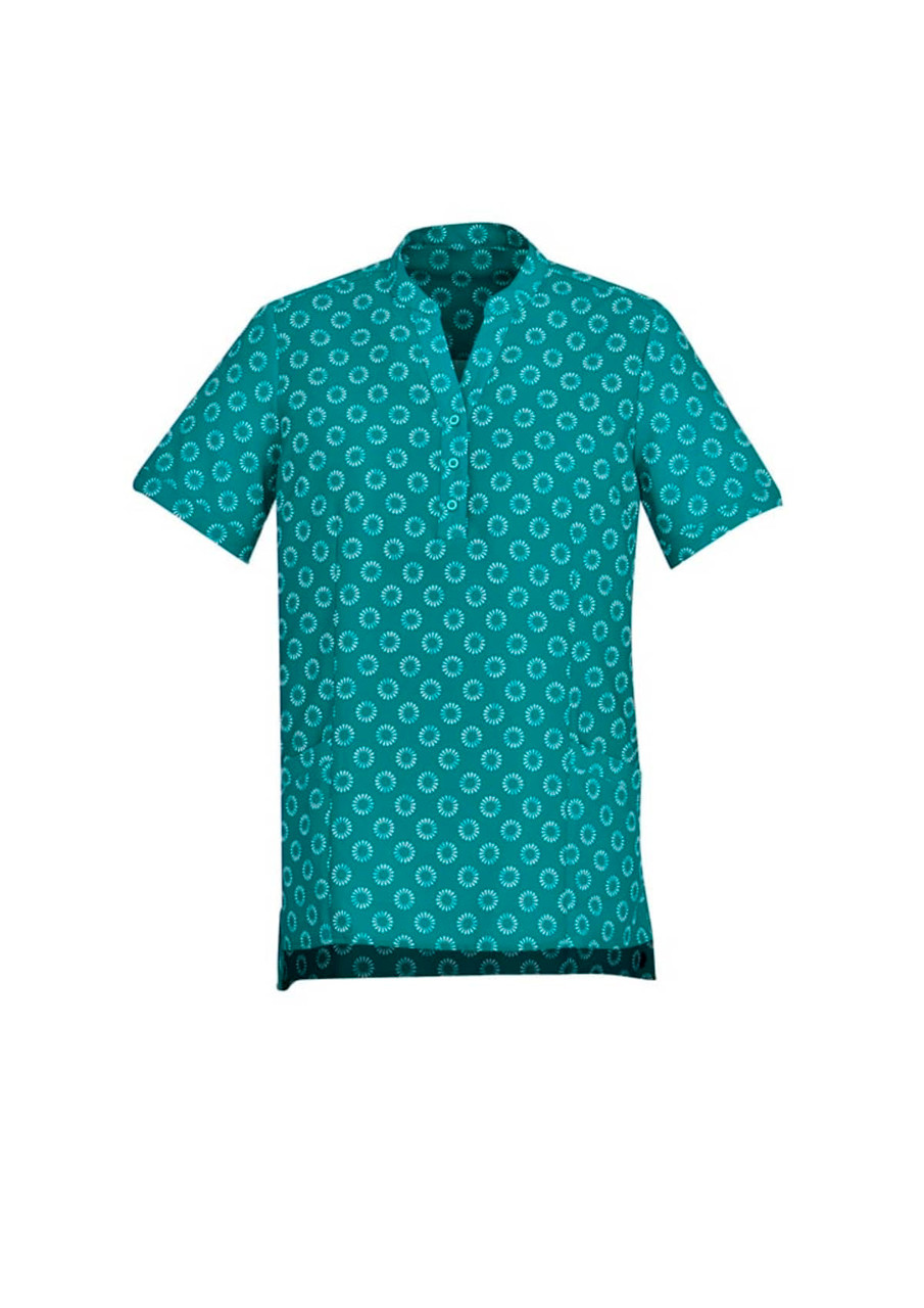 A teal tunic with a daisy print pattern and short sleeves, featuring a collar and side pockets.