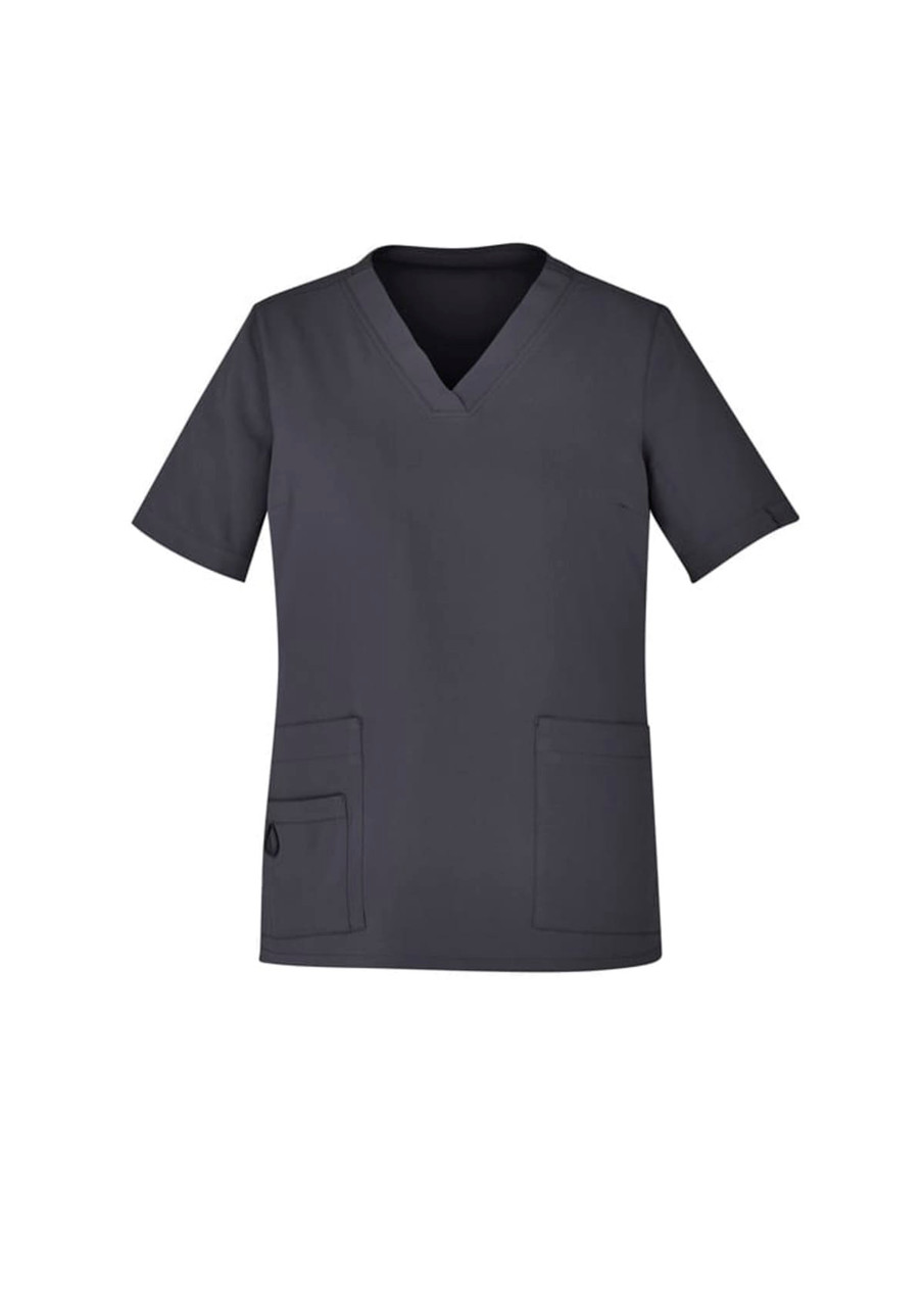 A women's V-neck scrub top in dark grey with short sleeves and two pockets. It features a logo on the side.