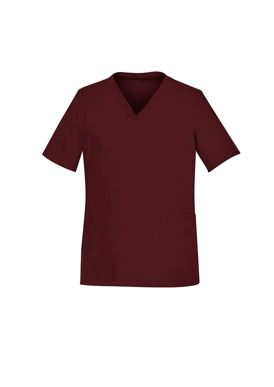 A burgundy women's scrub top with a V-neck and short sleeves, featuring two front pockets and a logo.