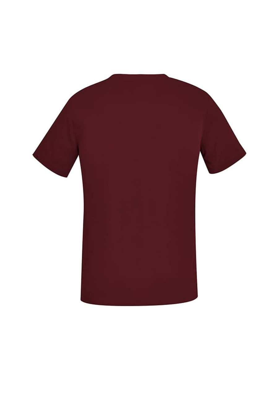 A burgundy women's V-neck scrub top with short sleeves, featuring a simple design and no visible logos.