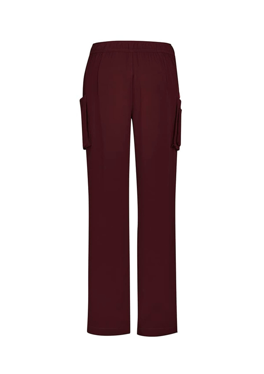 Burgundy straight leg scrub pants featuring side pockets and an elastic waistband. Includes a logo on the garment.