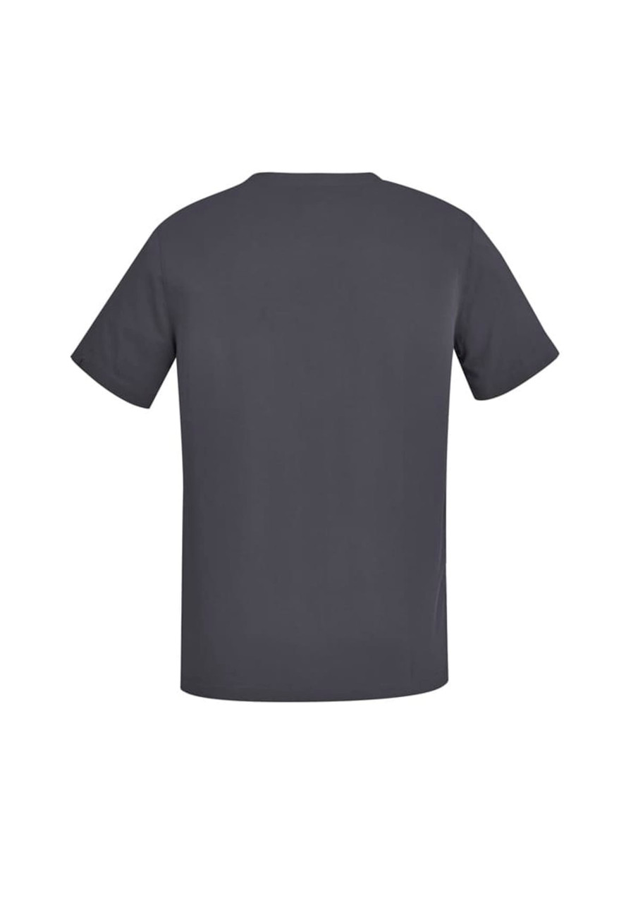 A grey men's V-neck scrub top featuring short sleeves and a back view design. It includes a branding logo.