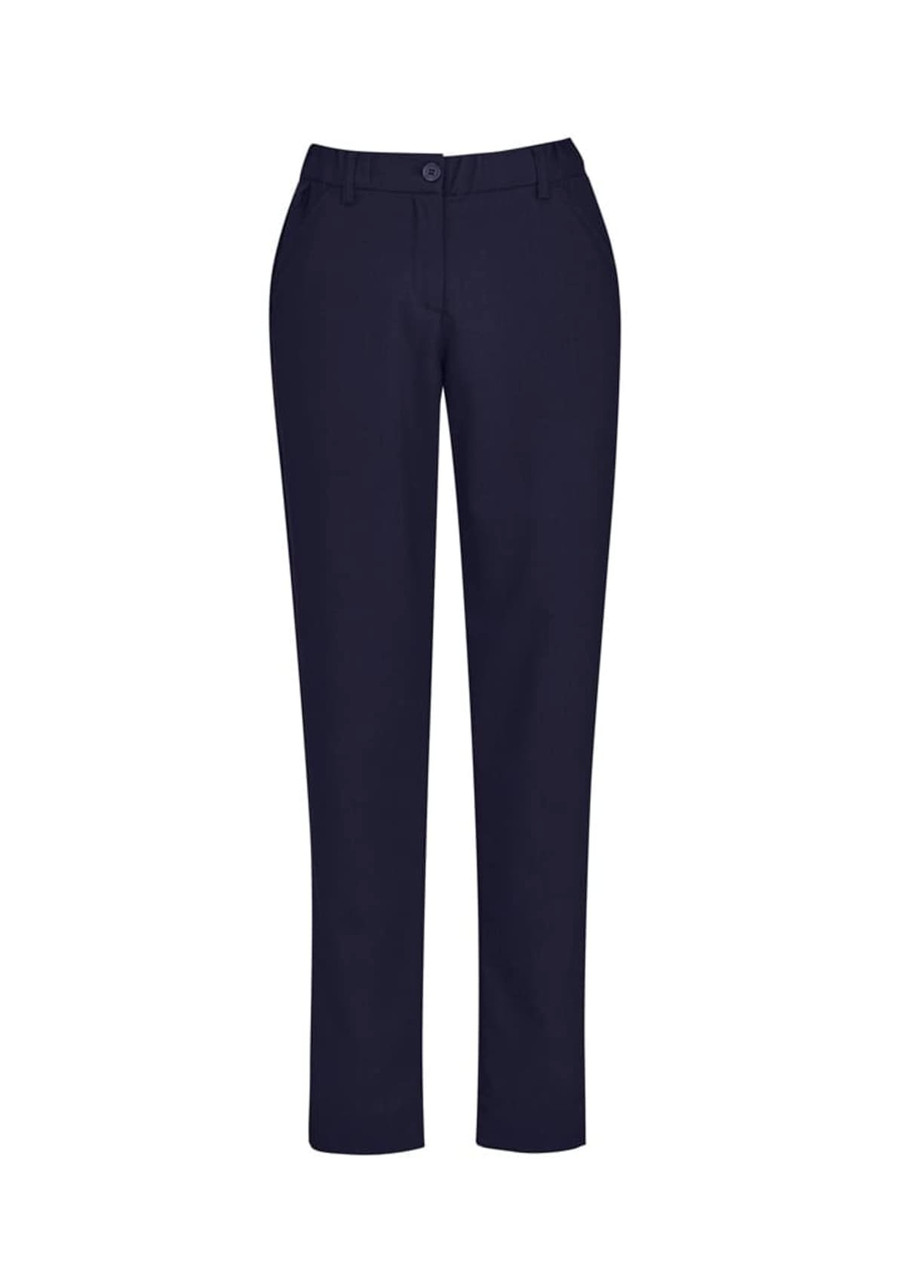 A pair of slim leg pants in navy blue, featuring a comfort waist design and front pockets.