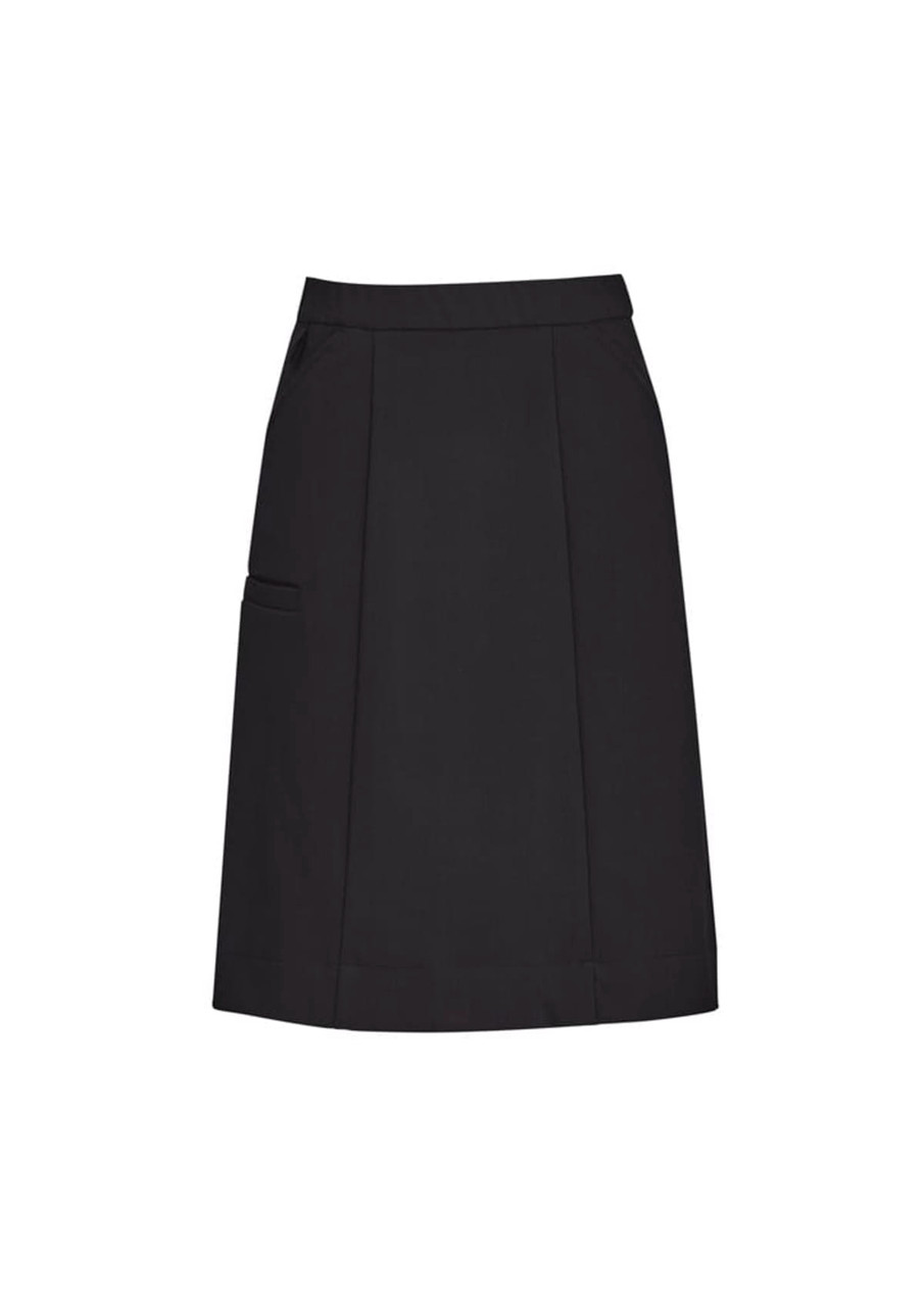 A black women's cargo skirt featuring side pockets and a comfortable waist design. It has a simple, straight cut.