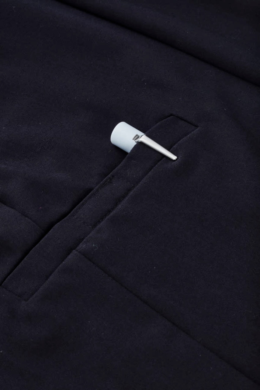 A navy women's comfort waist cargo skirt featuring a side pocket and a hanging tag.