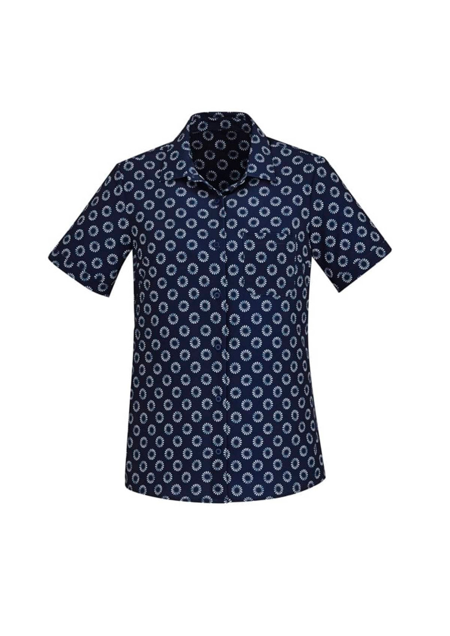 A short sleeve, button-up shirt featuring a navy background with a white daisy print pattern.