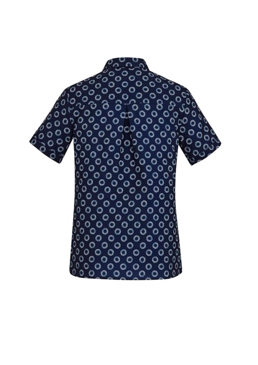 A short sleeve shirt in navy featuring a white daisy print, designed with a button-up front and a logo.