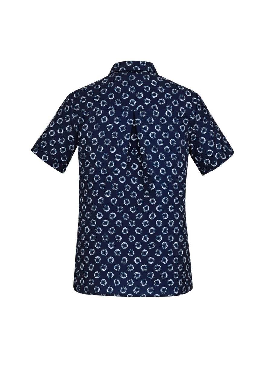 A navy short sleeve shirt with a white daisy print and a back pleat detail. It features a collar and one logo.