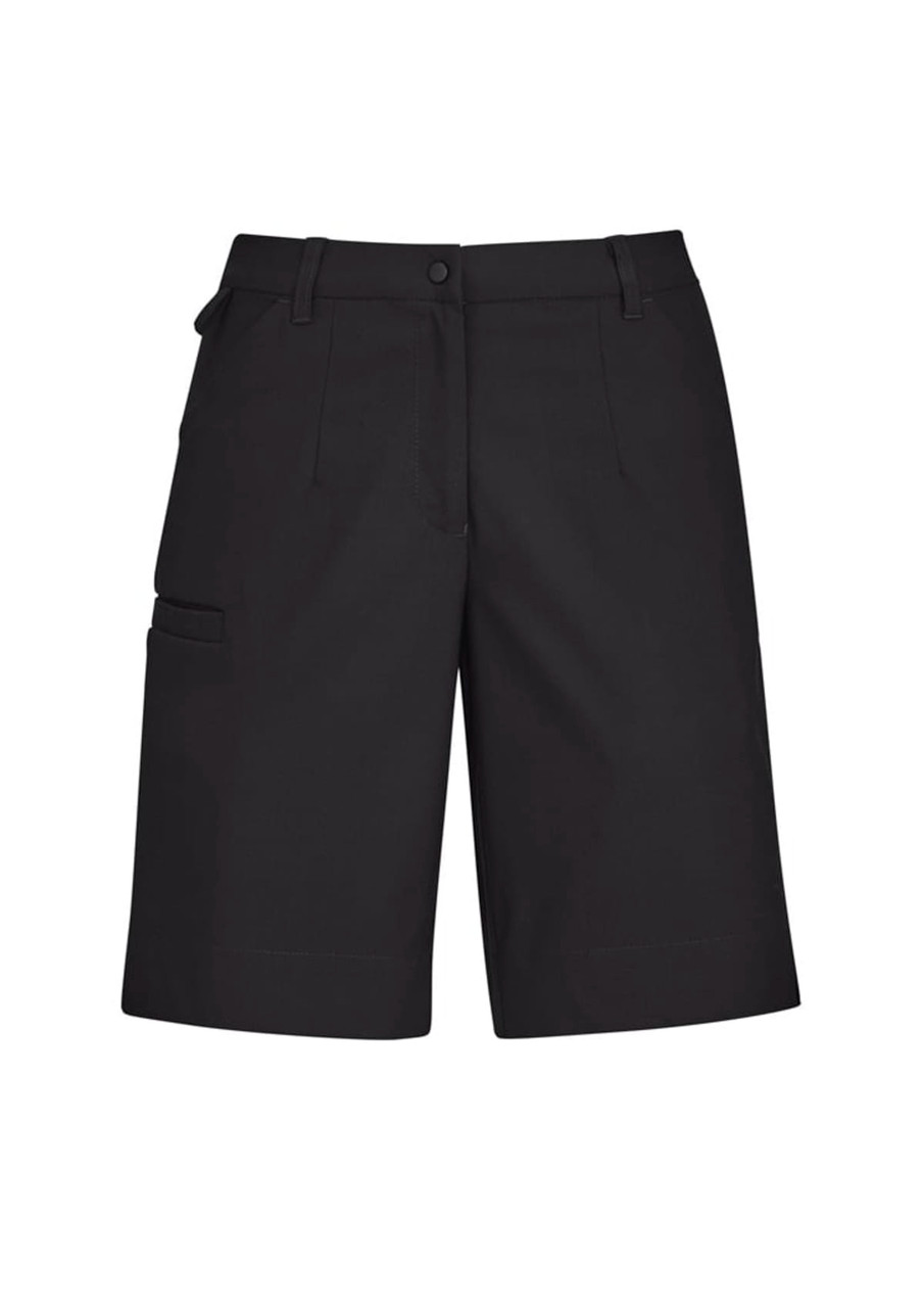 A pair of women's black cargo shorts with side pockets and a waistband. Features a logo on the garment.