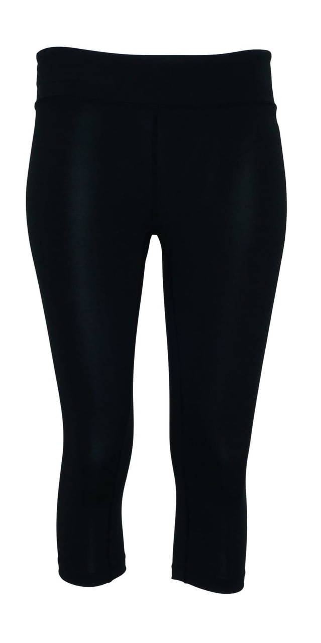 High-waisted black 3/4 length gym tights for kids, featuring a smooth, sleek design and a waistband.