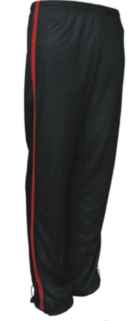 Black track pants with red side stripes and a logo, featuring elasticated waist and cuffs.