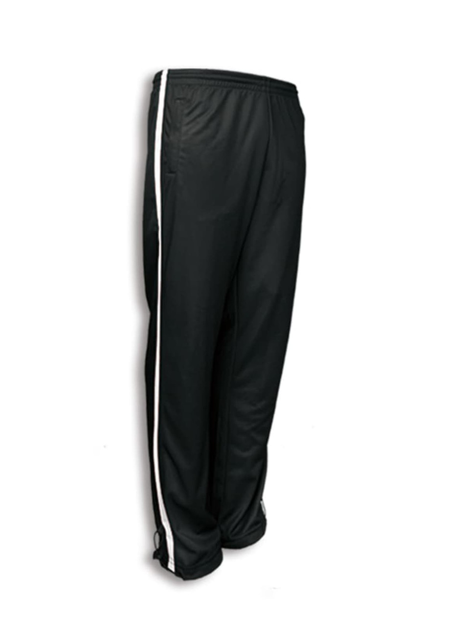 Black track pants with white side stripes, featuring a logo and a relaxed fit design for comfort.