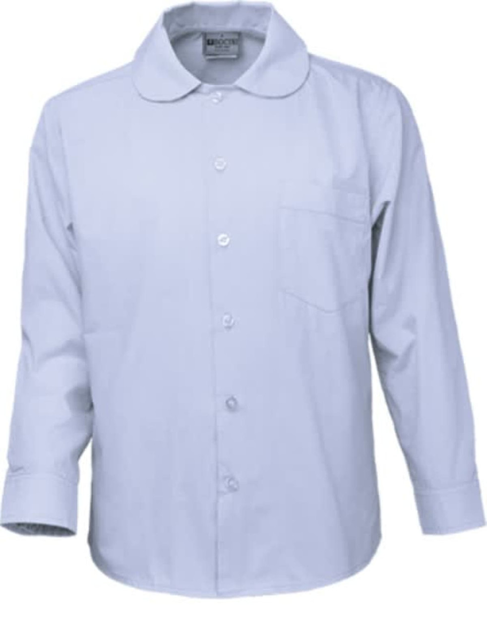 A long sleeve school shirt with a Peter Pan collar, featuring a light blue colour and a chest pocket.