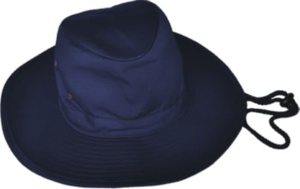 A navy wide brim hat with a drawstring, featuring a logo on the side.