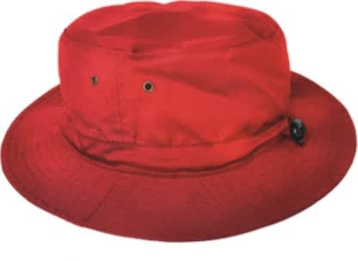 A red bucket hat with ventilation holes and an adjustable strap for kids. Features a simple design.
