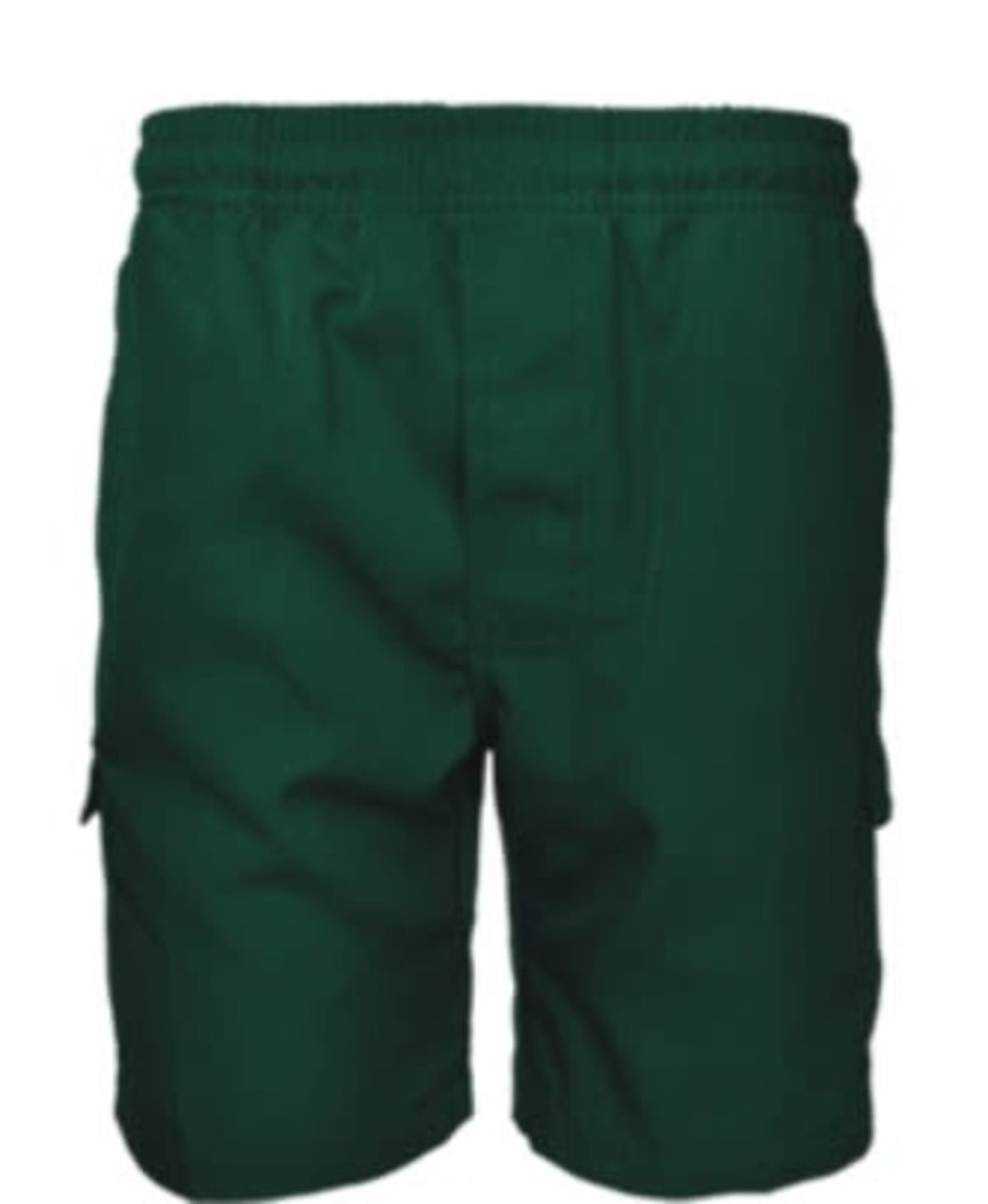 Green cargo shorts with an elastic waistband and multiple side pockets. Features a logo or branding.
