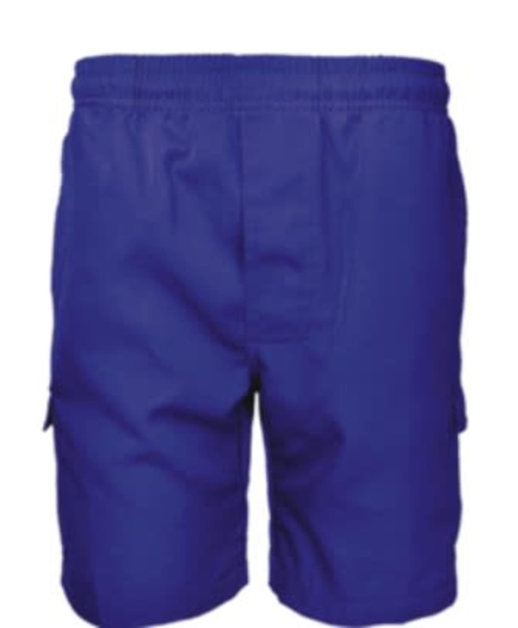 Blue cargo shorts featuring an elastic waistband and side pockets, with a logo displayed on the back.