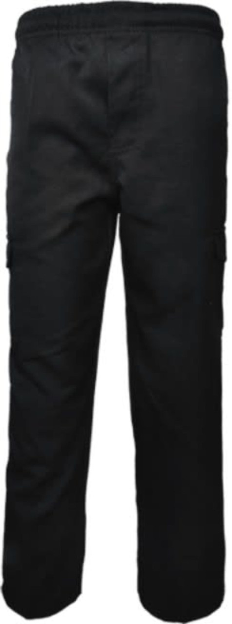 Black kids' cargo pants featuring side pockets and an elastic waistband. The design includes a logo.