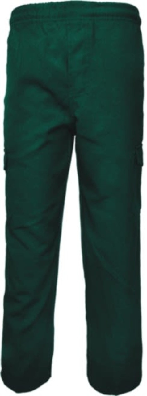 Green cargo pants for kids featuring side pockets. The product includes a waistband and has a logo.