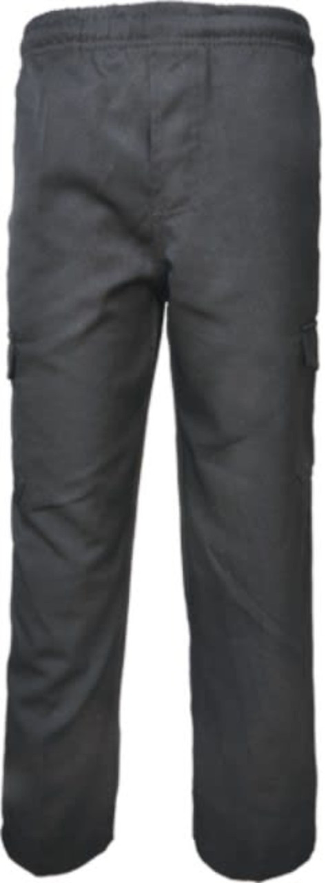 Black cargo pants featuring side pockets and an elastic waistband. The item has a brand logo.