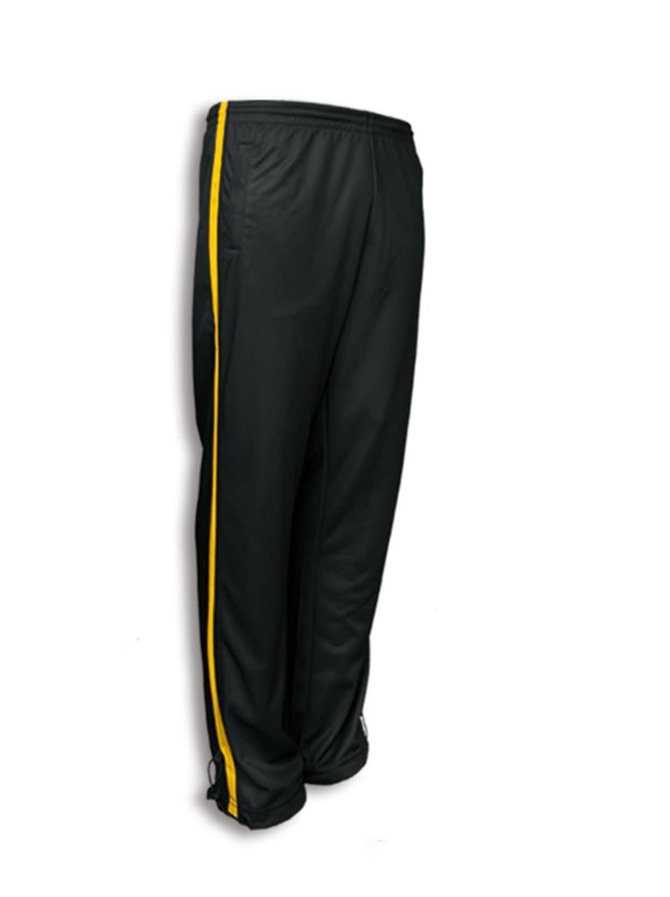 Unisex adults' elite sports track pants in dark green with yellow side stripes, featuring a logo.