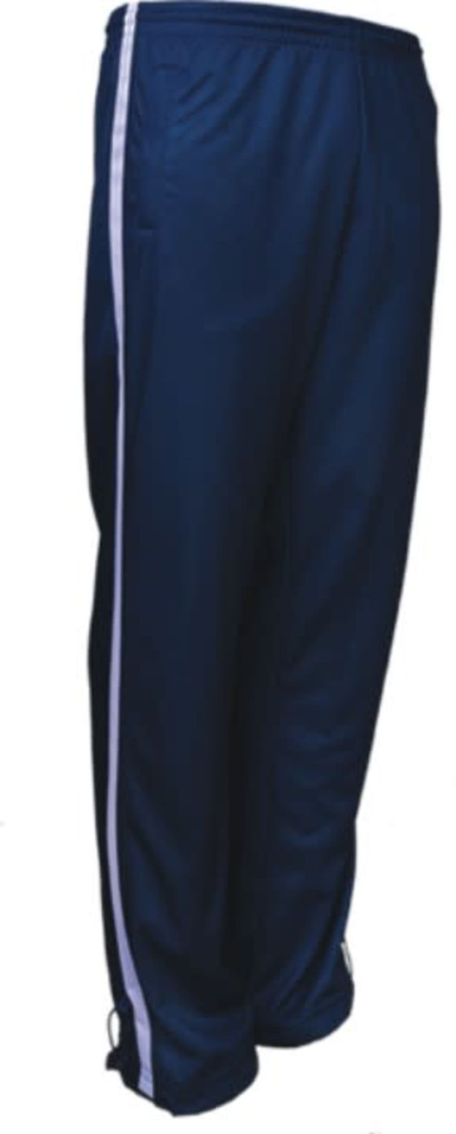 Unisex adults elite sports track pants in navy blue with white side stripes and a logo. Suitable for sports and casual wear.