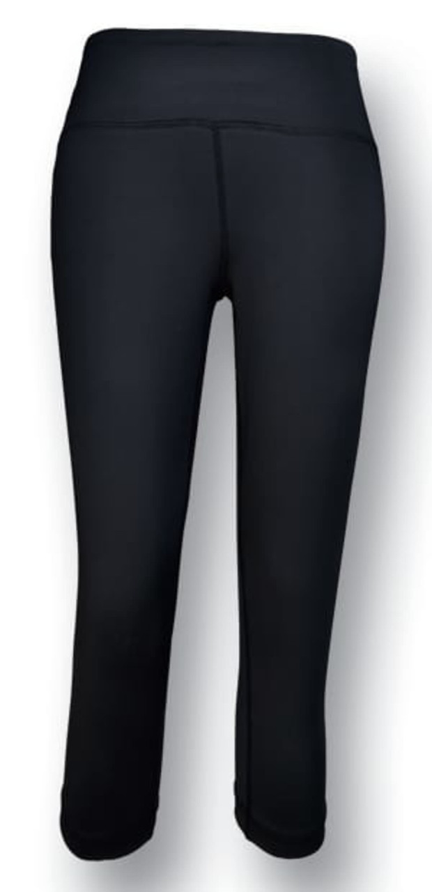 A pair of black high waisted 3/4 length gym tights with a logo on the waistband.