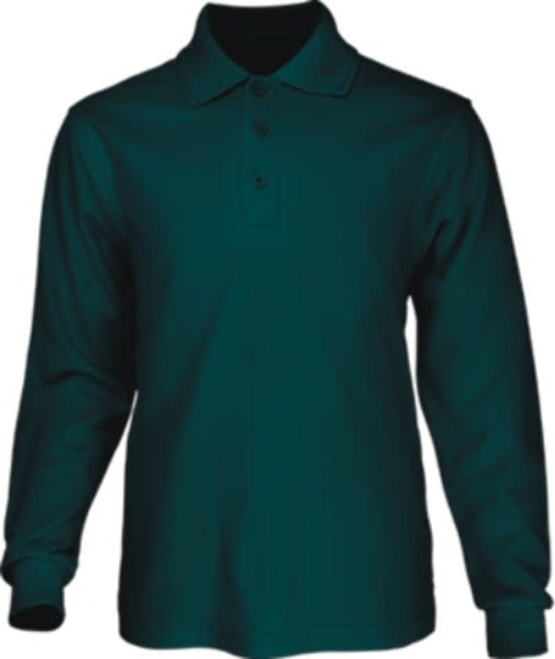 A dark green long sleeve polo shirt with a collar and three buttons, featuring a logo.