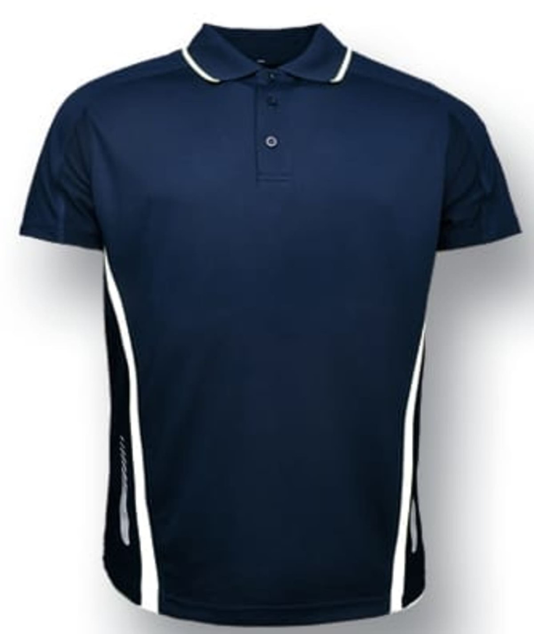 A navy polo shirt with white side accents and a logo. It features a classic collar and buttons.