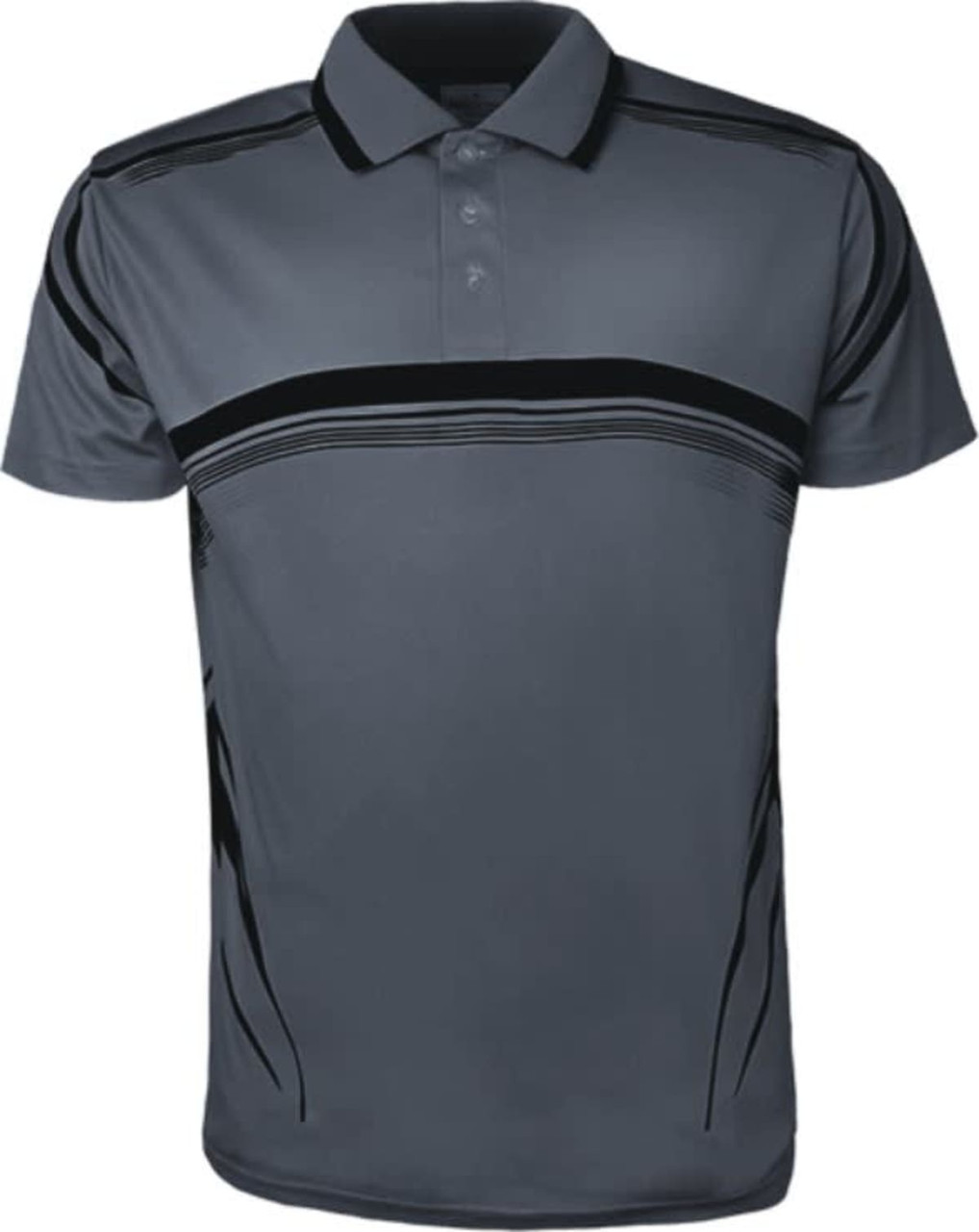 A grey polo shirt featuring black striped designs and a collar, with a logo on the left side.