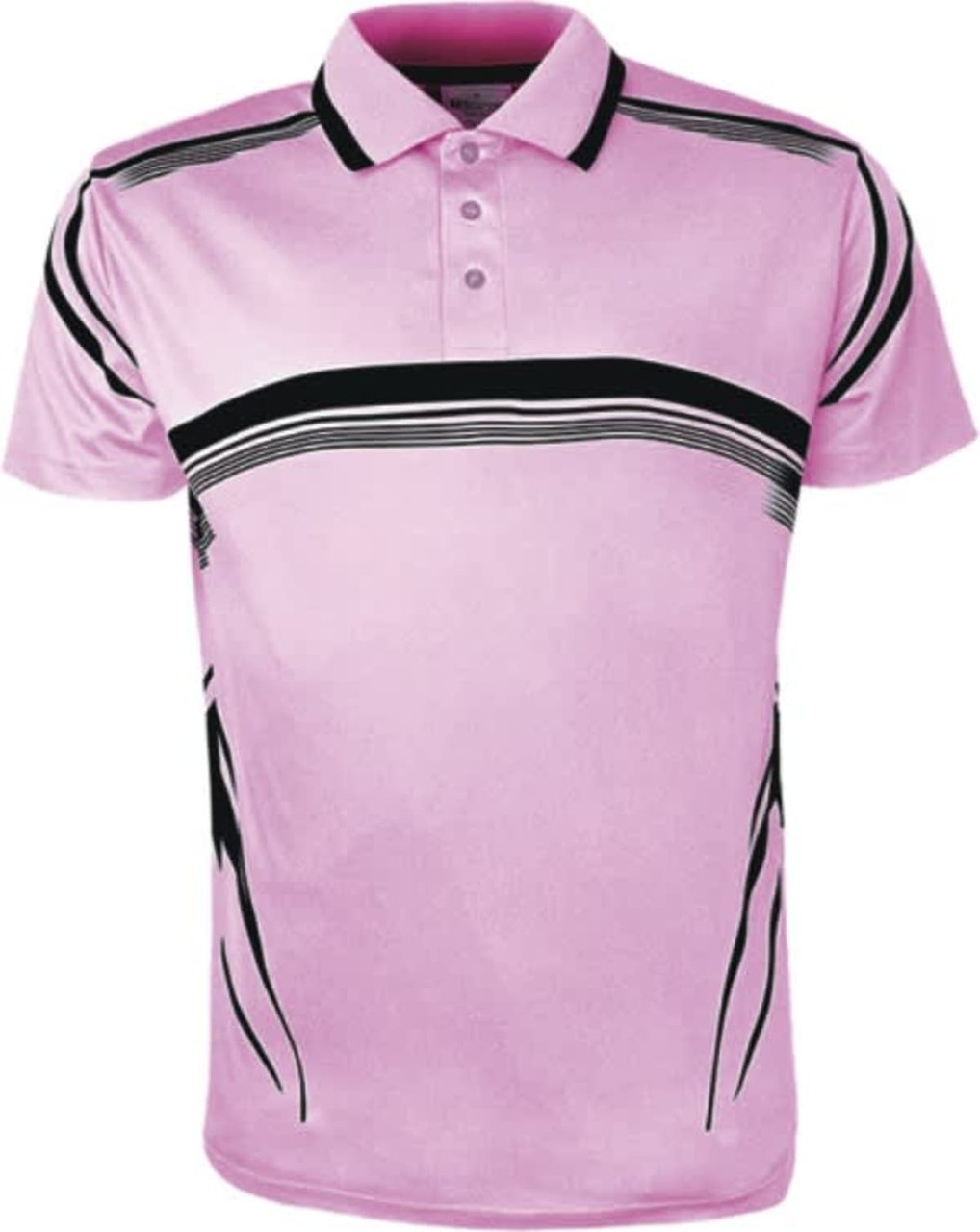 A pink sublimated gradated polo shirt featuring black stripe accents and a three-button collar.