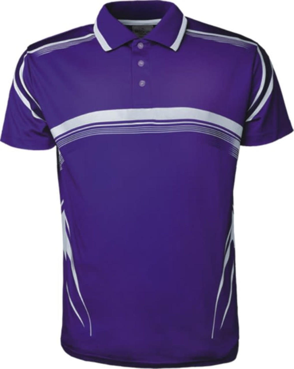 A vibrant purple polo shirt featuring white stripe details and a subtle logo. Designed for kids.