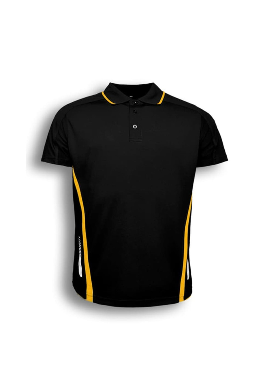 A black polo shirt with yellow side stripes and a collar, featuring a logo on the chest area.