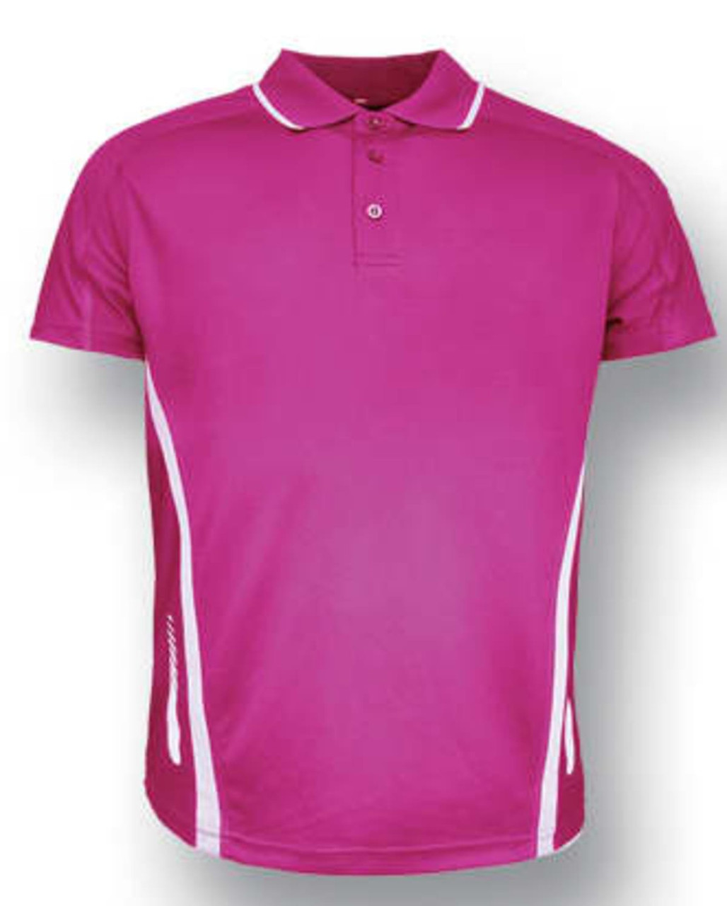 A pink polo shirt featuring white side panels and a collar, designed for kids' sports activities.