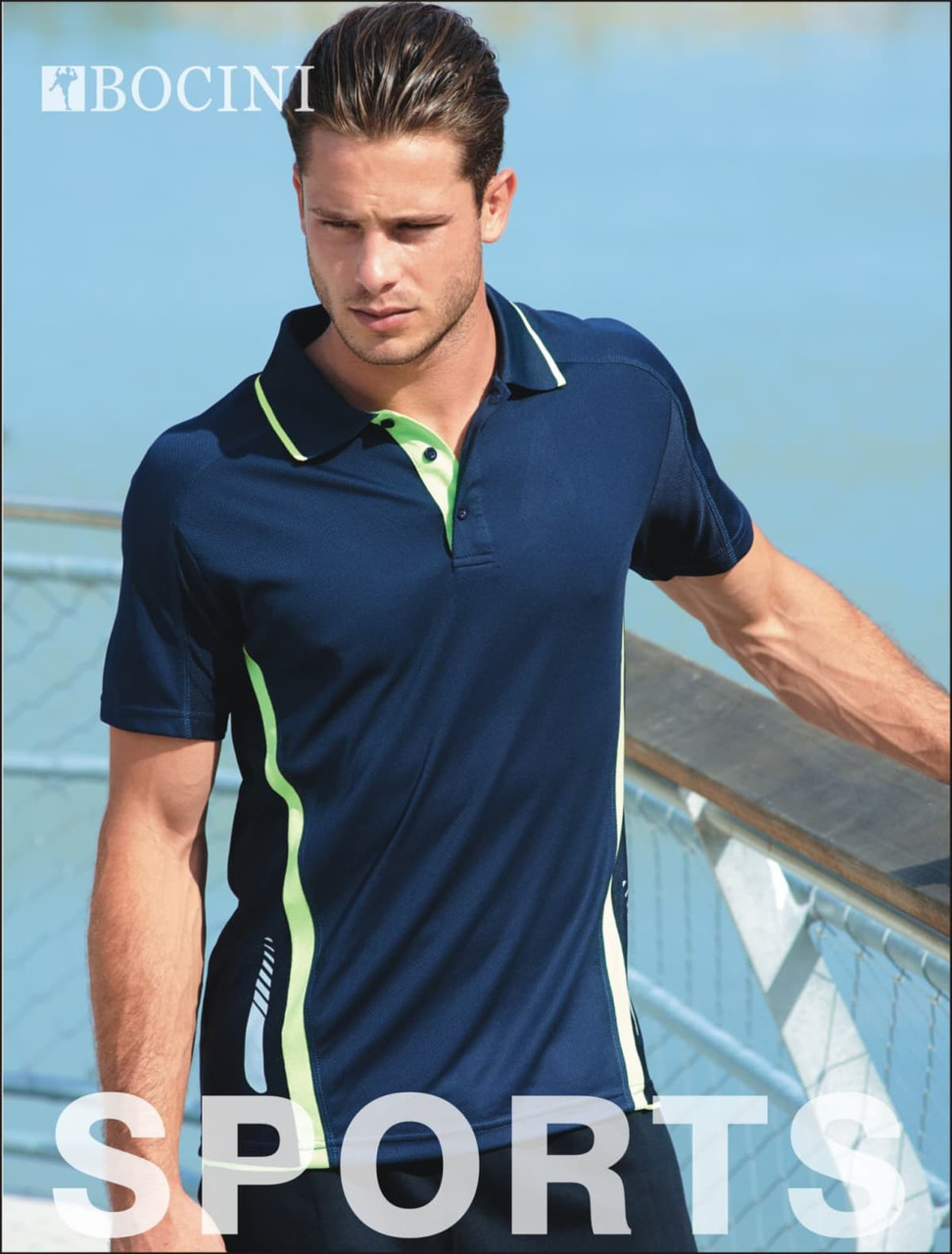 A navy blue polo shirt with green accents and logos, featuring a sporty design and short sleeves.
