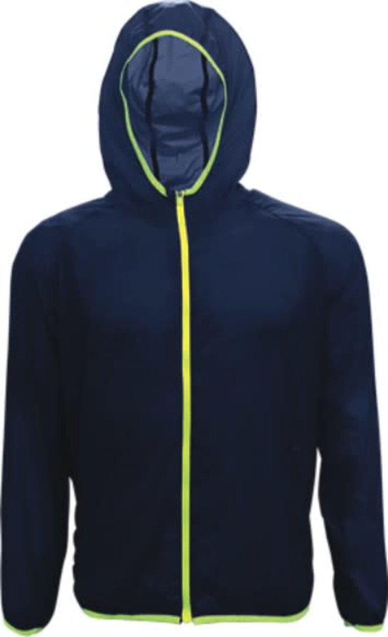 A navy blue unisex wet weather running jacket with a hood and bright yellow zip. It features a logo.