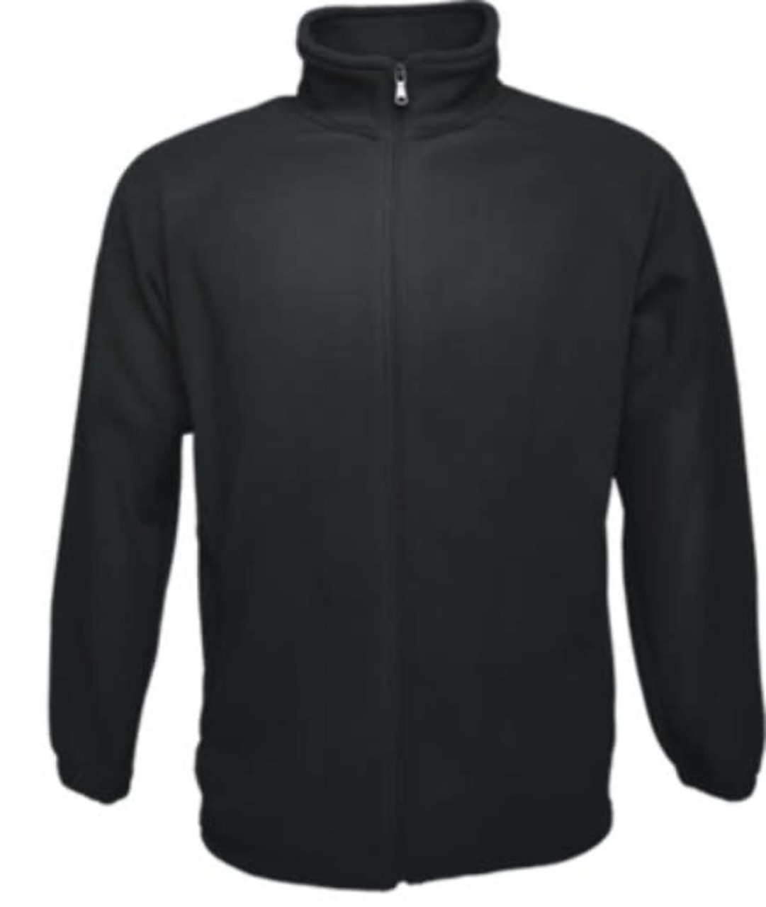 A black polar fleece zip-through jacket with a high collar and long sleeves, featuring a zip front and no pockets.