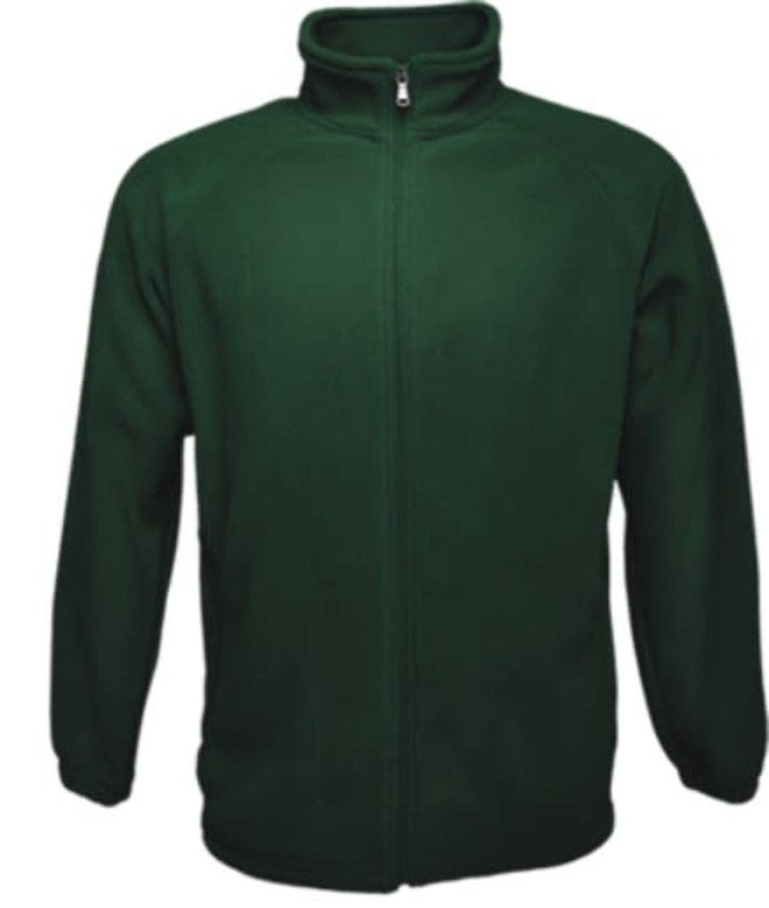 A polar fleece zip-through jacket in dark green, featuring long sleeves and a high collar. It has a zip front and a logo.