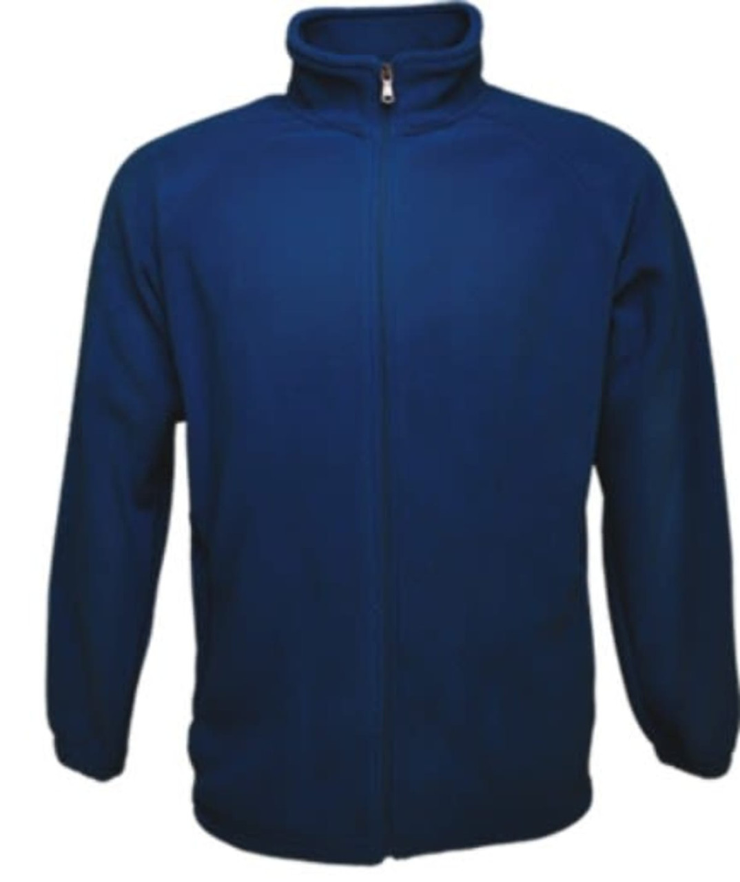 A navy blue polar fleece zip-through jacket with a high collar and long sleeves. It features a front zipper and has a logo.