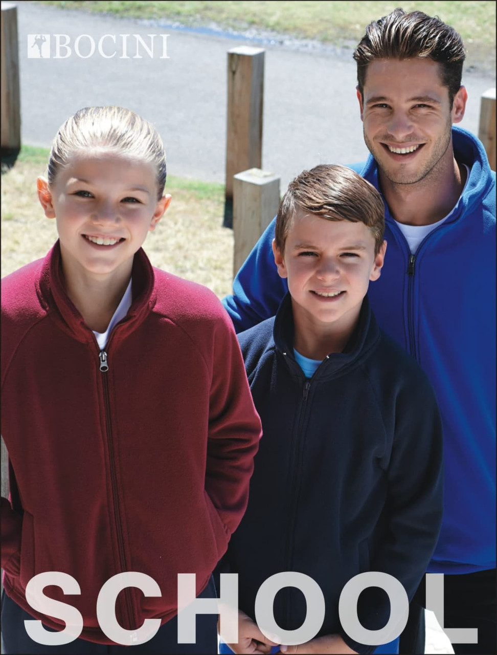 A red and navy polar fleece zip-through jacket worn by two children and an adult. The adult has a logo on their jacket.