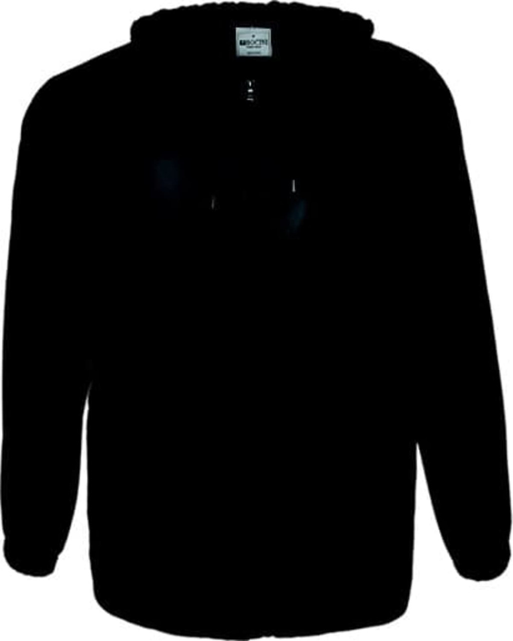 A black wet weather jacket with a hood, featuring a front pocket and a logo. Suitable for rainy conditions.