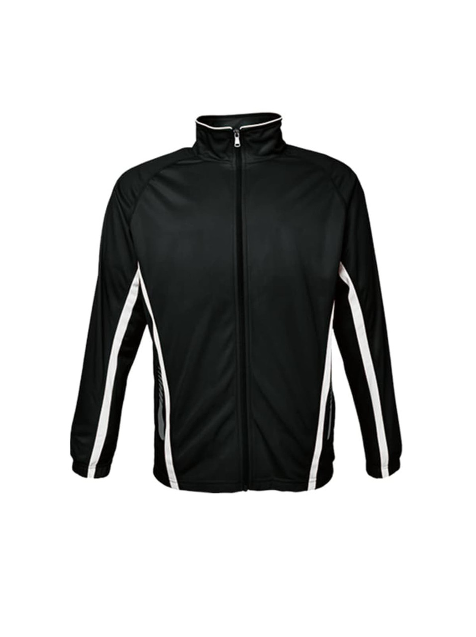 A black unisex track jacket with white side stripes and a zip-up front. Features a logo on the chest.