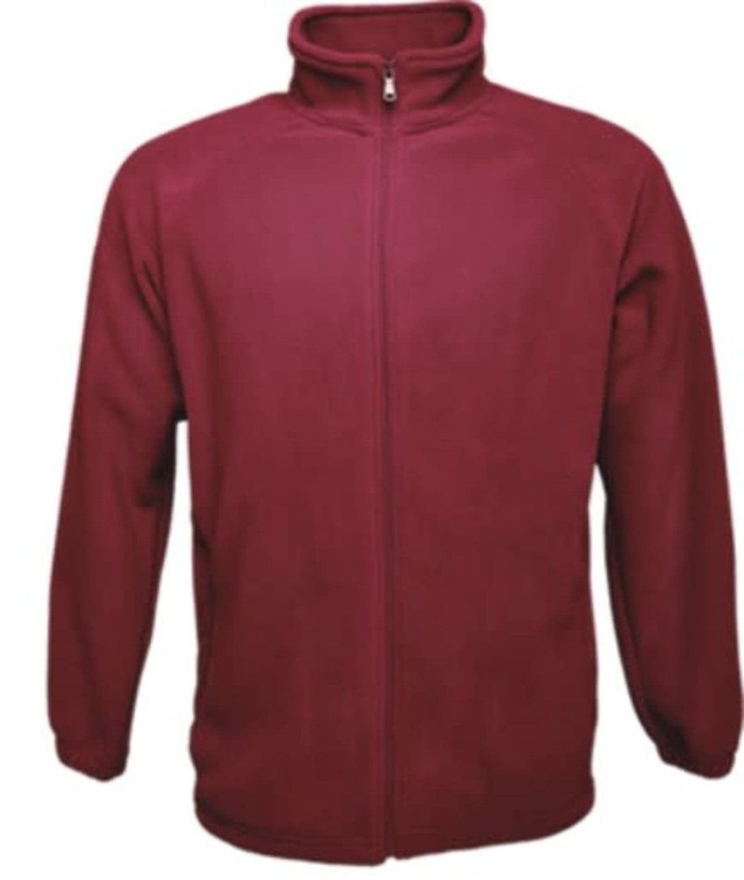 A maroon unisex adults polar fleece zip-through jacket with long sleeves and a high collar.