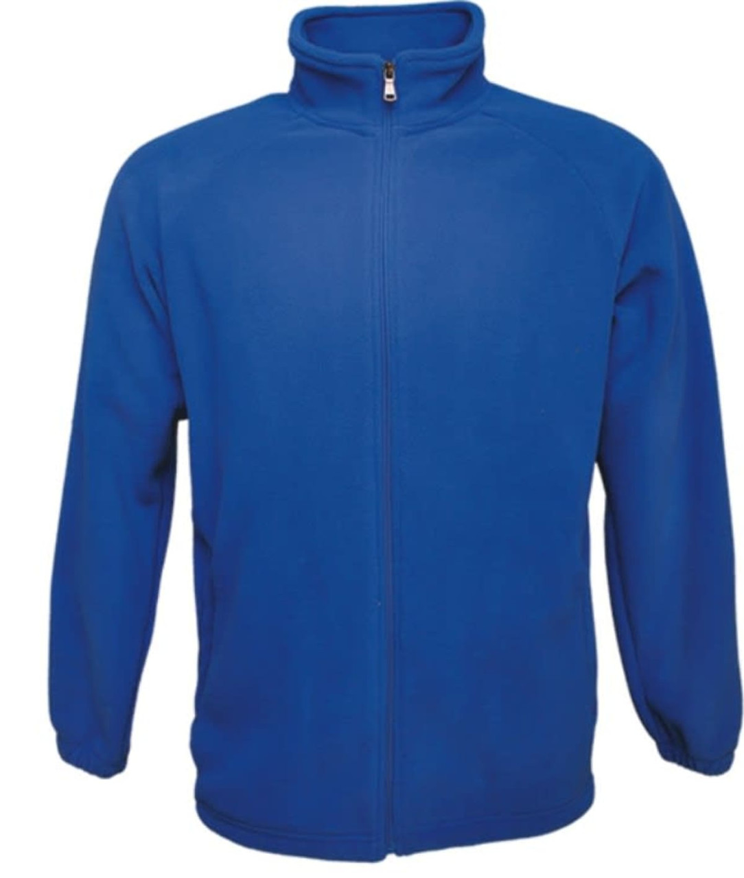 A blue unisex polar fleece zip-through jacket with a high collar and long sleeves, featuring a partial zip.