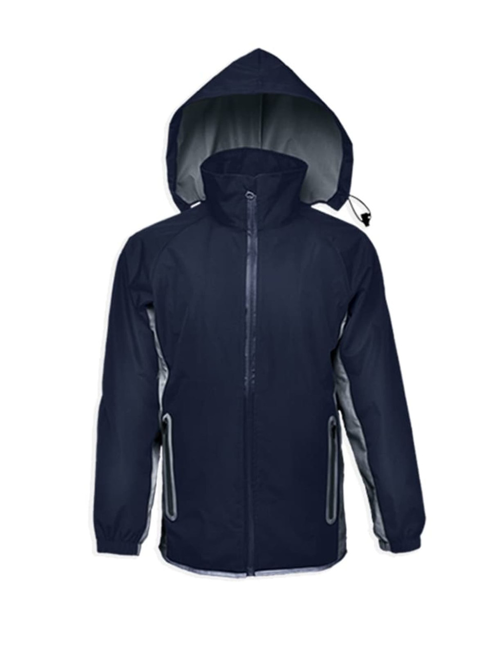 A navy reflective wet weather jacket features a hood and grey accents, with two front pockets and a zip closure.
