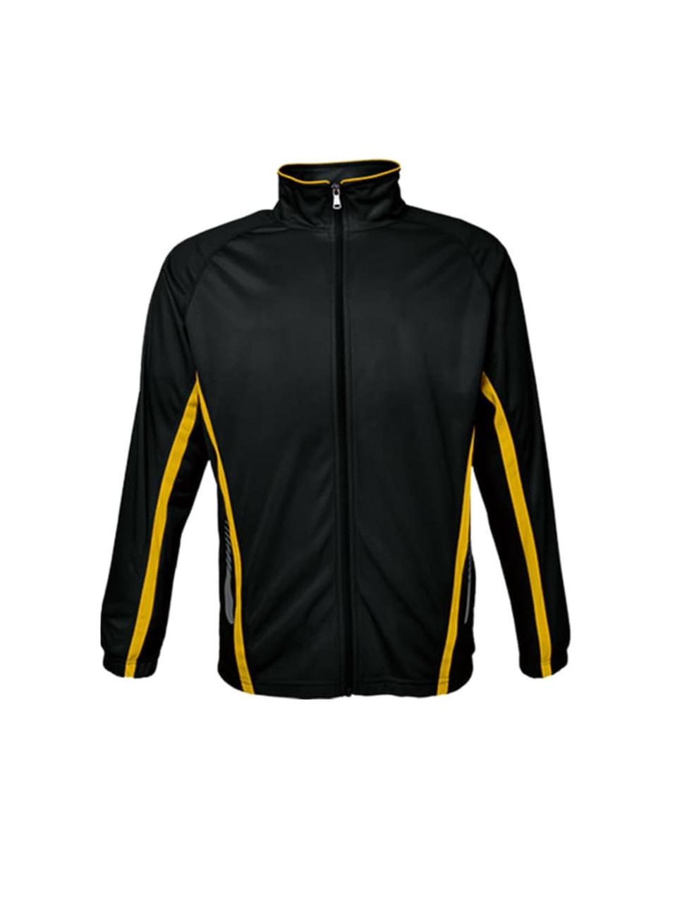 A black track jacket with yellow stripes on the sides and a zipper front. Features a logo on the chest.