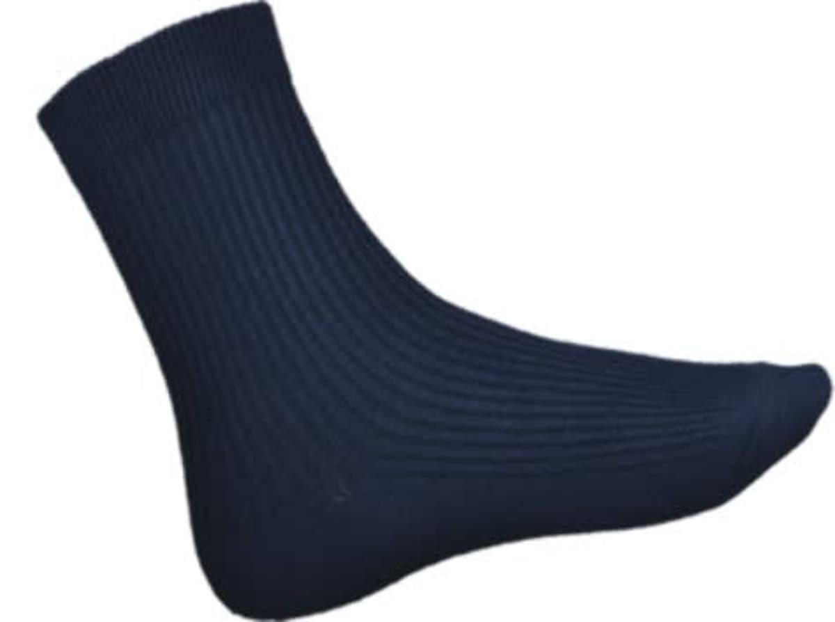 A navy blue school sock with ribbed texture. The sock has a cuffed top and features a logo.
