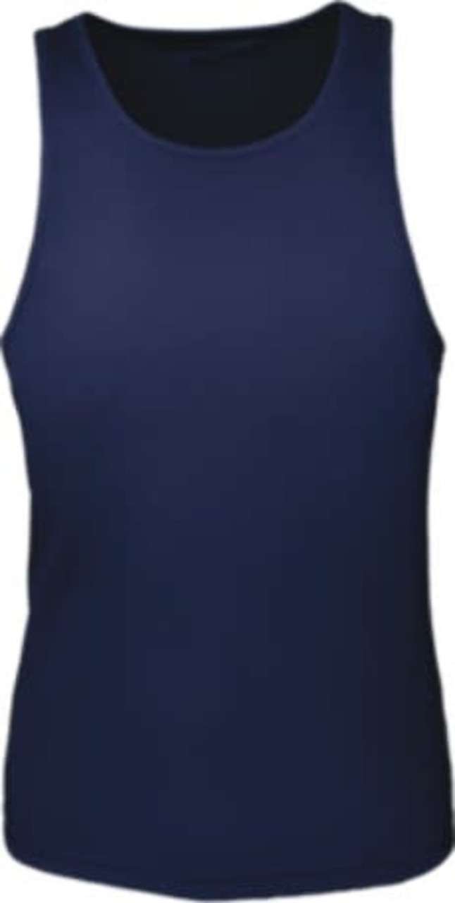 A navy ladies singlet with a brushed action back design. The garment features a logo on the front.