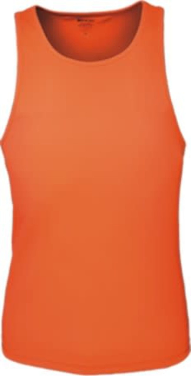 An orange ladies' singlet with a brushed action back design, featuring a logo.